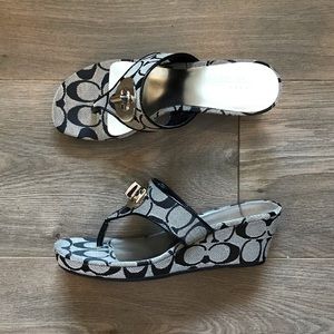 Vintage Coach CC Monogram Black Gray Wedge Sandals Size 6